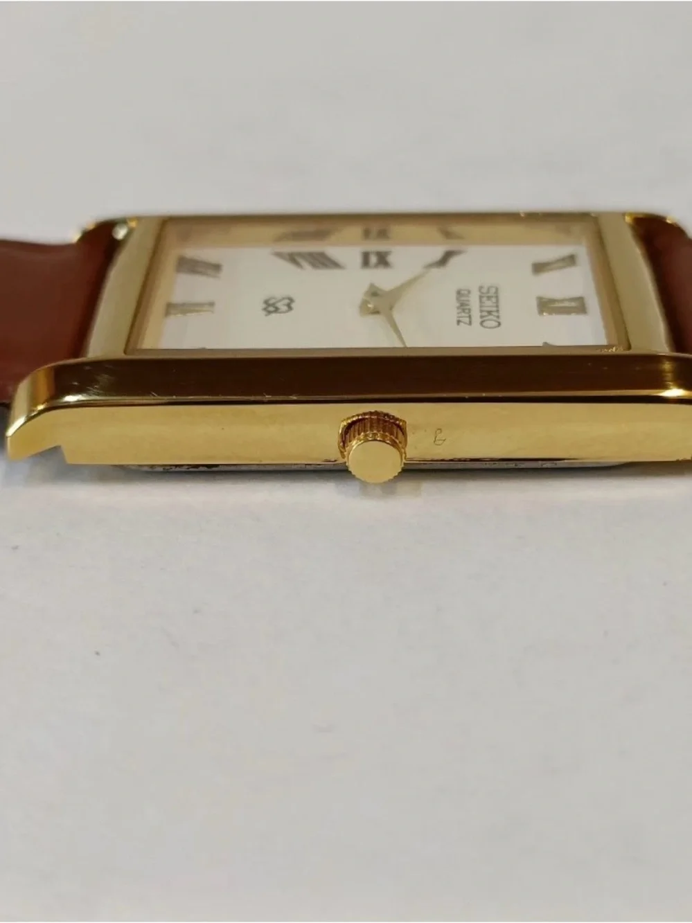 Seiko Gold-Tone Rectangular Watch with Brown Leather Strap and White Dial